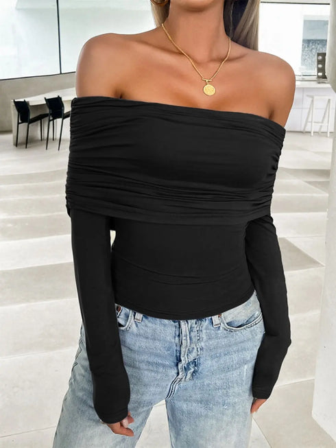 'Yarrow' Off Shoulder Ruched Crop Top - Celes Fashion